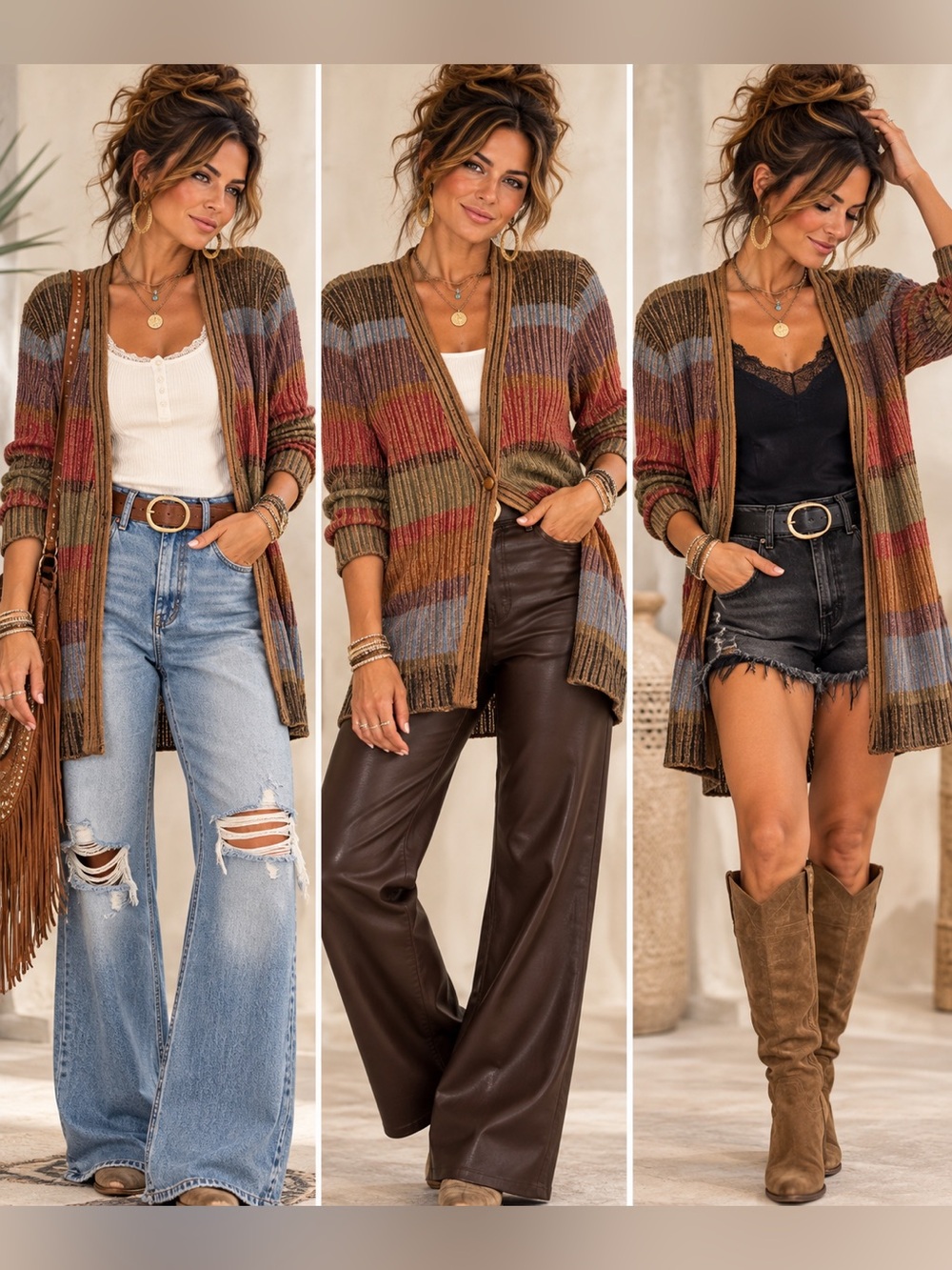 Coldwater Creek Striped Open-Front Cardigan in Earth Tones